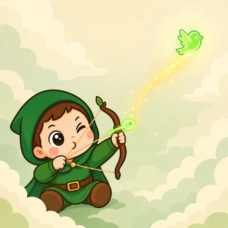 Baby Robin Hood firing a glowing green bird from his bow