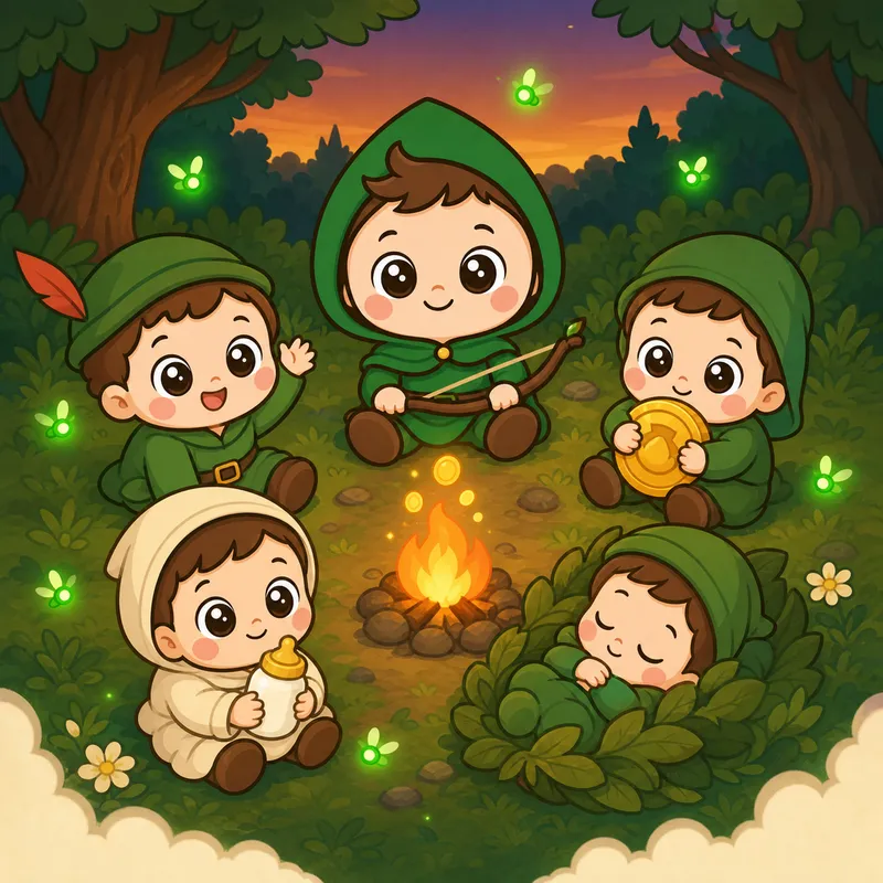 The Merry Babies around a campfire in Sherwood Forest